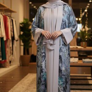 Blue Grey Printed Kimono Abaya